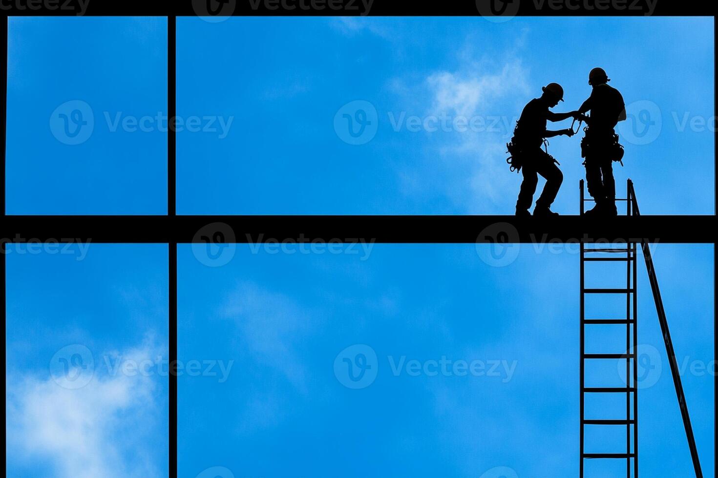 Two men on a ladder in front of a blue sky photo
