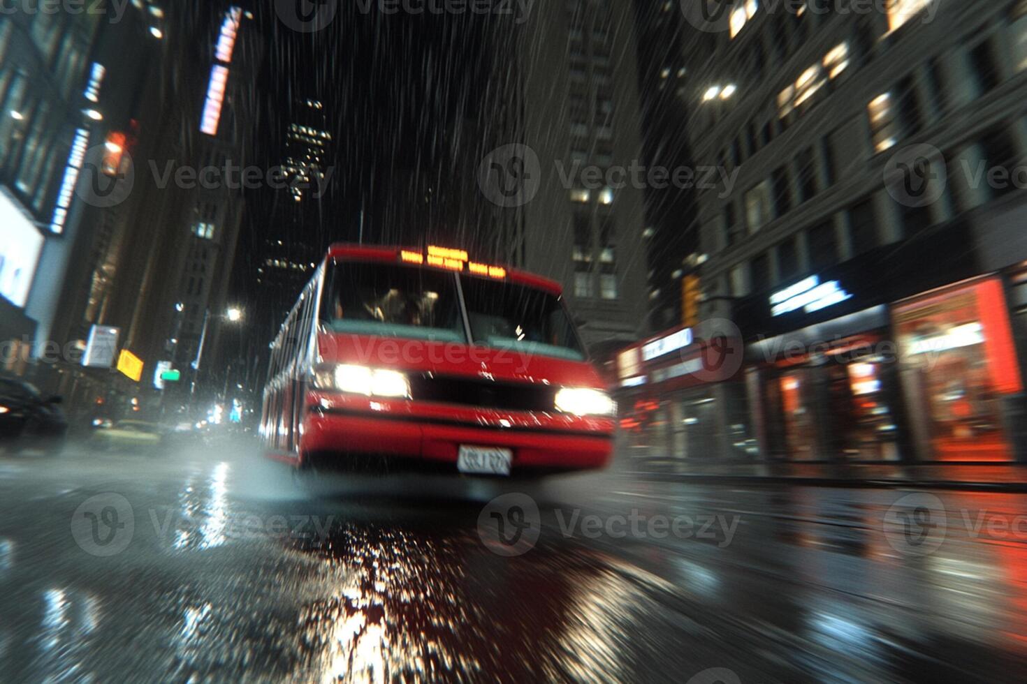 A red bus driving down a wet street at night photo