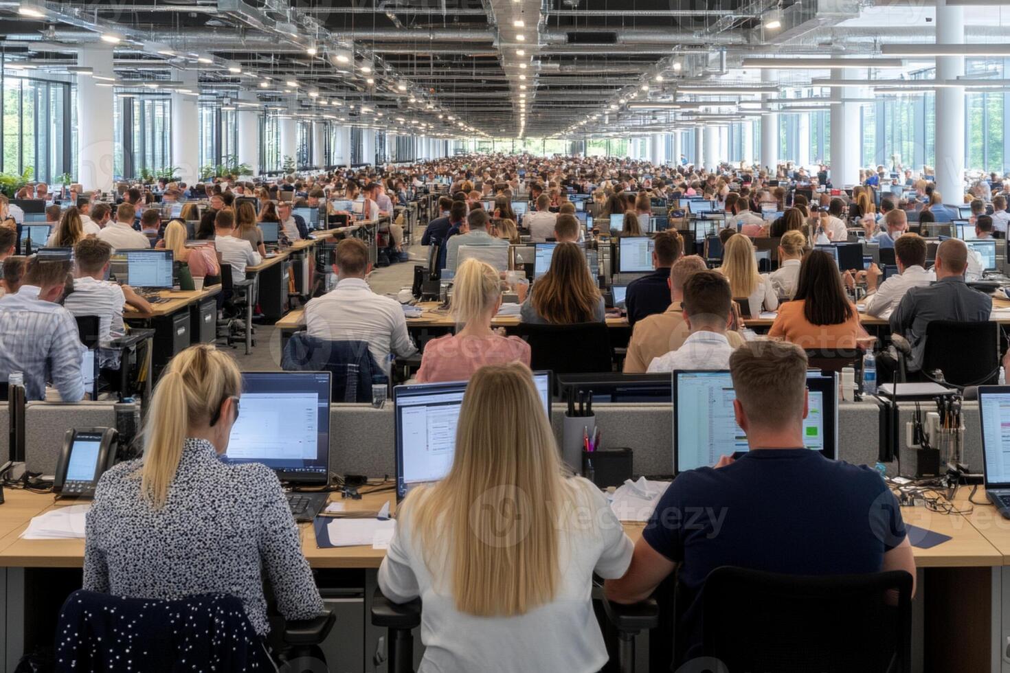 A large group of people sitting at desks in an office photo