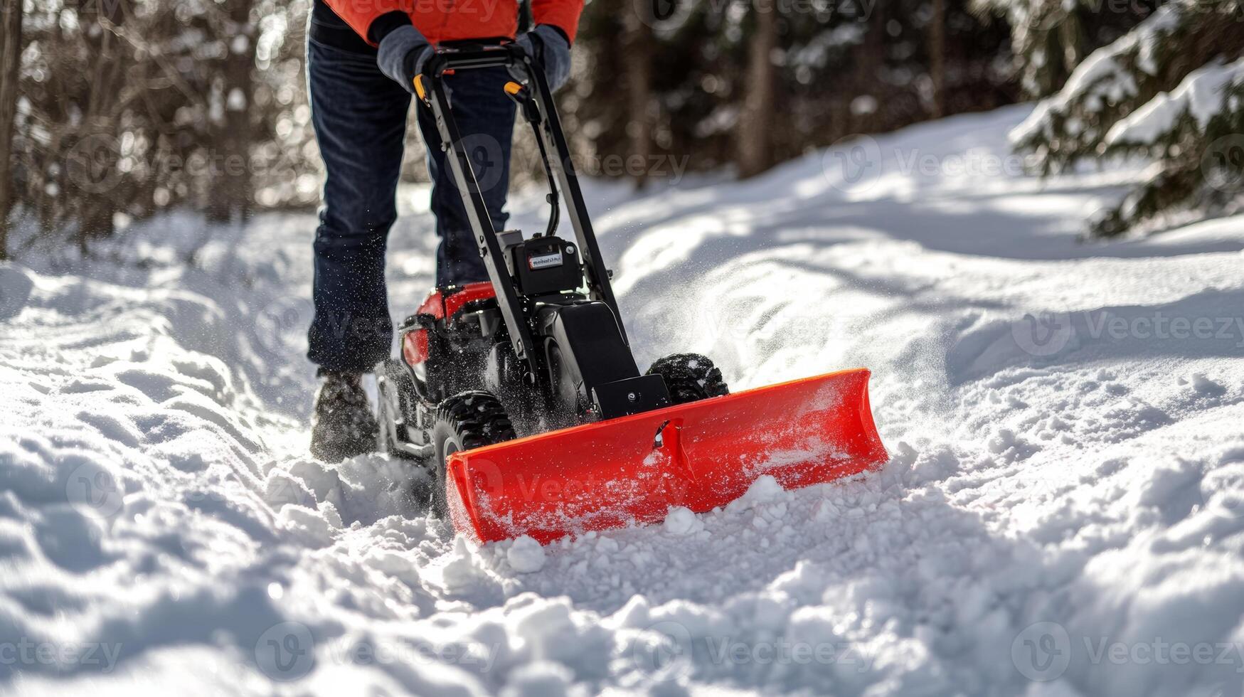 Homeowner operates a compact snowblower to create a clear path through fresh snow in winter weather photo