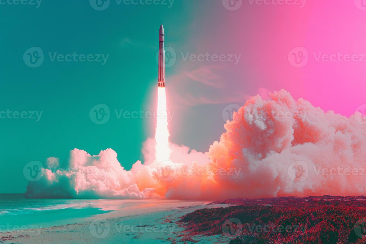 A vibrant rocket launching into a clear sky above a serene beach at sunset, creating a spectacular visual display of colors and smoke photo
