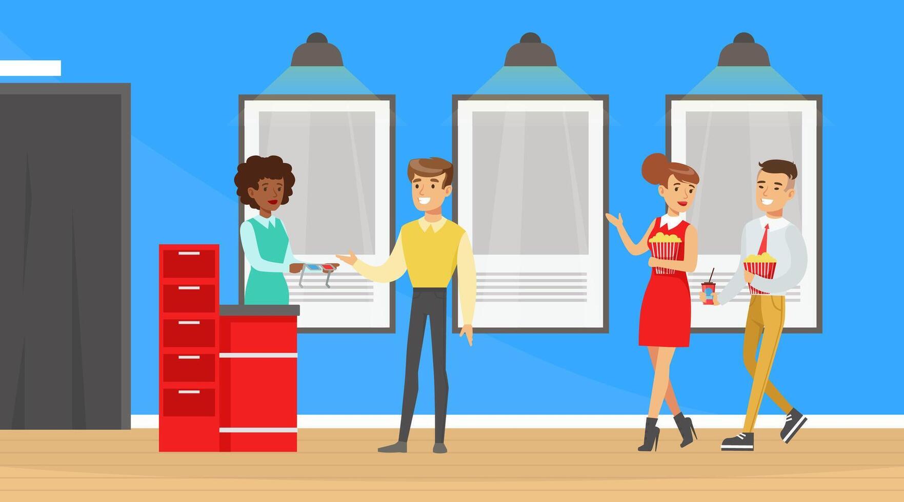 People Going to the Cinema with Popcorn, Visitors Buying Cinema Tickets at Service Ticket Counter Cartoon Illustration vector