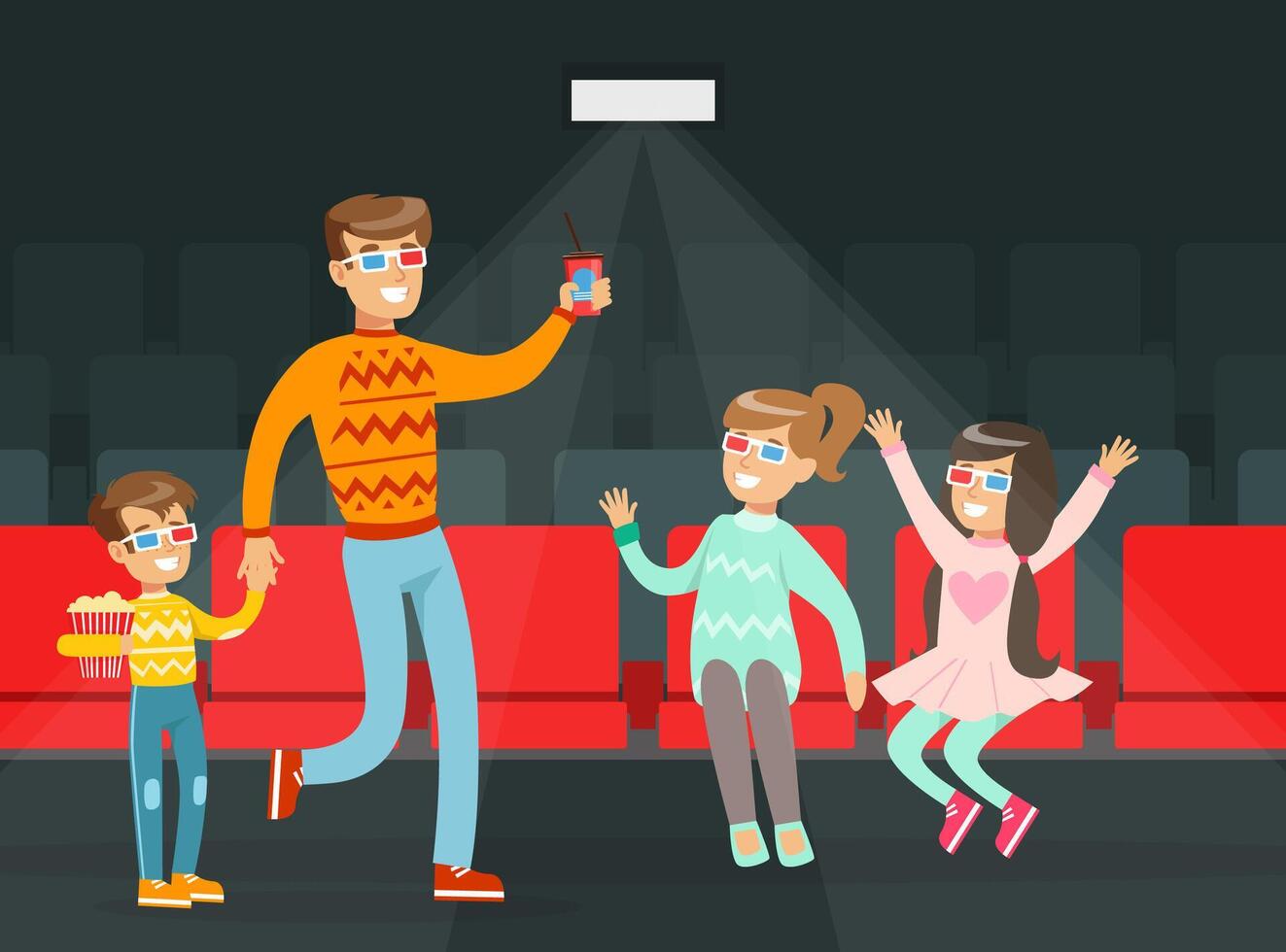 Family Visiting Movie Theatre, Parents and Children Wearing 3d Glasses with Popcorn Cartoon Illustration vector
