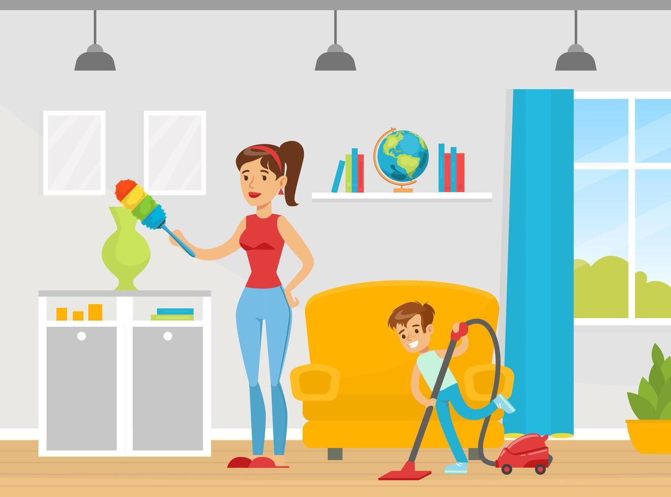 Family Cleaning House Together, Mom Holding Feather Duster, Boy Cleaning the Floor with Vacuum Cleaner, Housekeeping Concept Flat Illustration vector