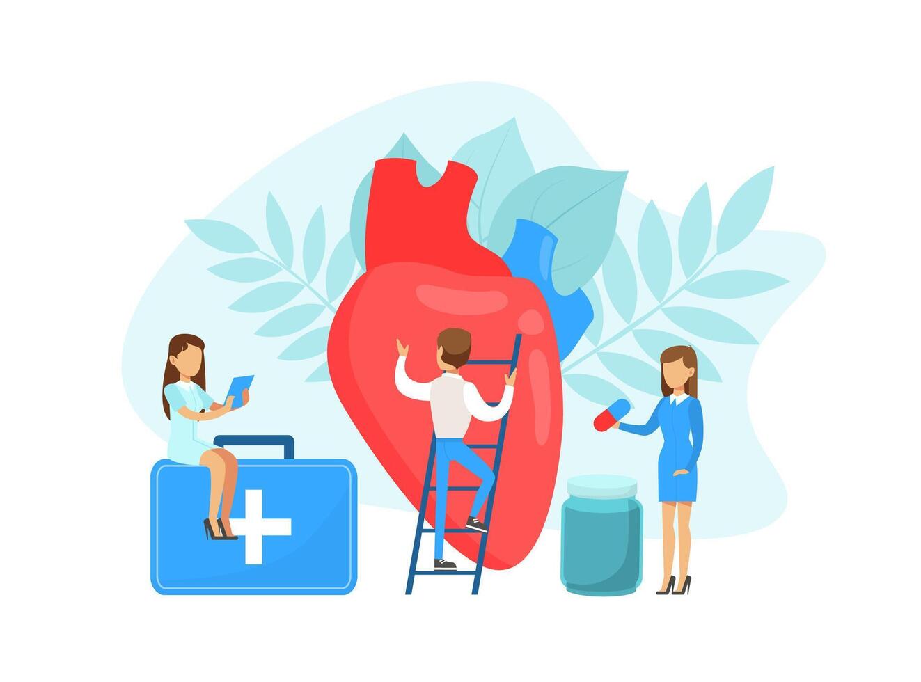 Tiny Team of Doctors Examining and Treating Huge Human Heart, Medical Stuff Examining Internal Organ and Making Diagnosis Flat Illustration vector