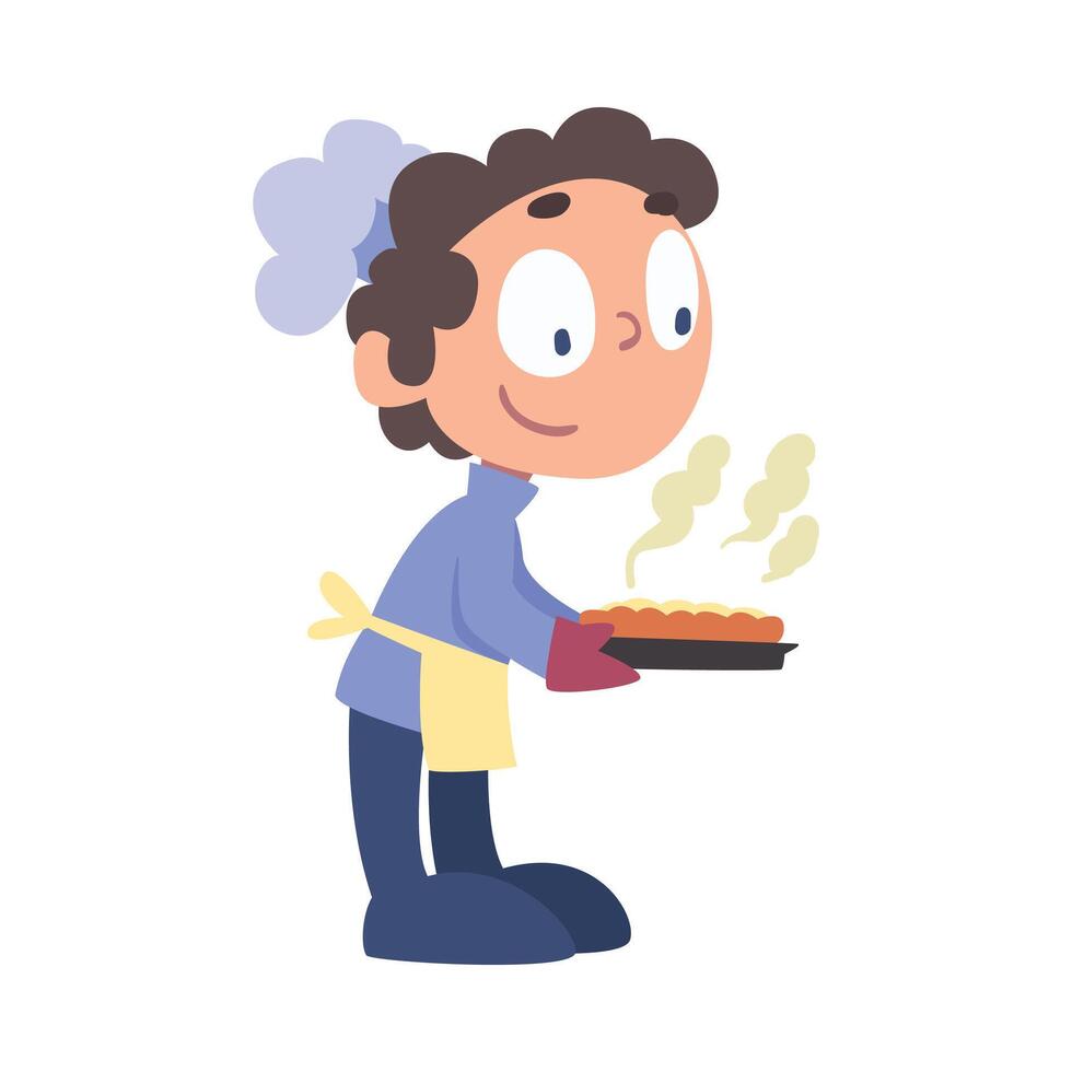 Boy Chef Baking Pie, Cute Child Professional Cooker Character Wearing White Hat and Apron Cooking Delicious Food on Kitchen Cartoon Style Illustration vector