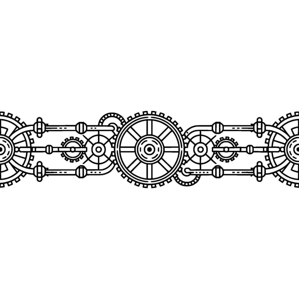 Steampunk Gear Mechanism Border Minimalist Line Art on White vector