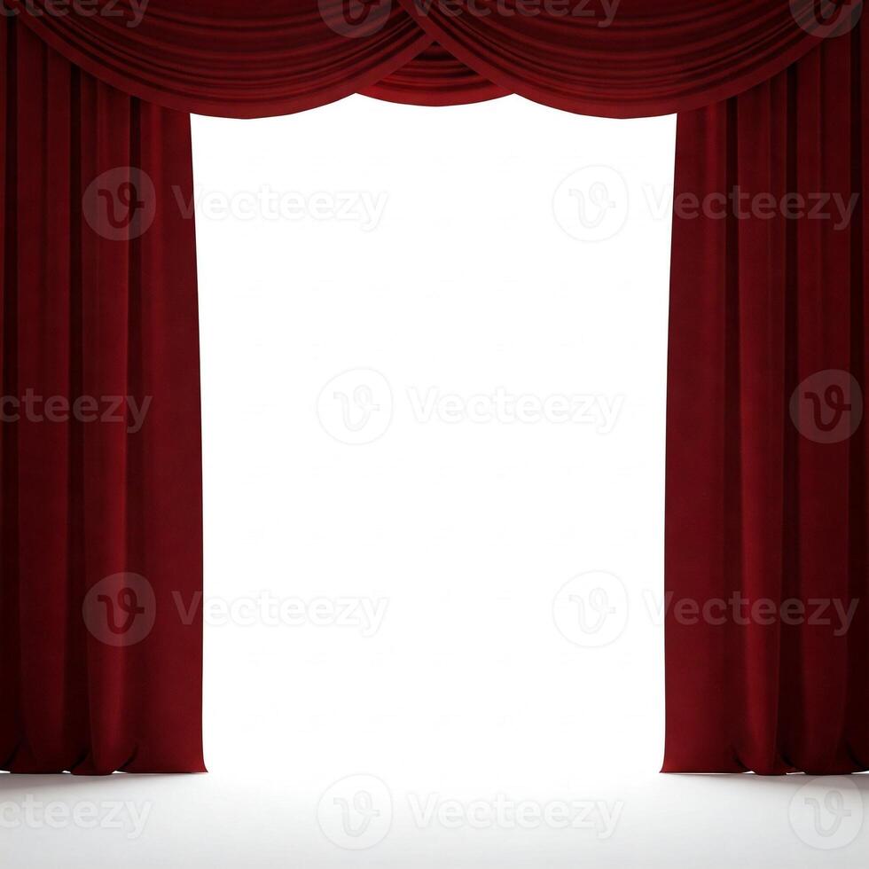 Parted red theatre curtains revealing a plain white background photo