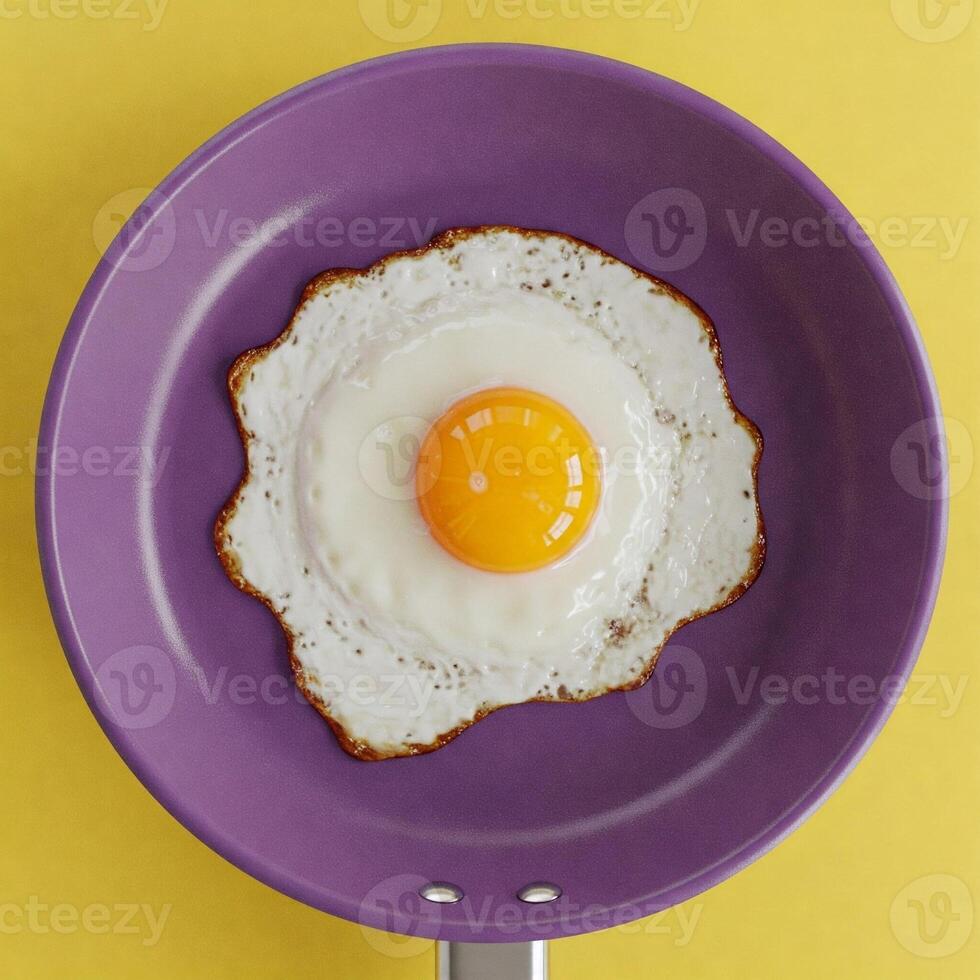 A fried egg in a purple frying pan on a yellow background. Top down view photo