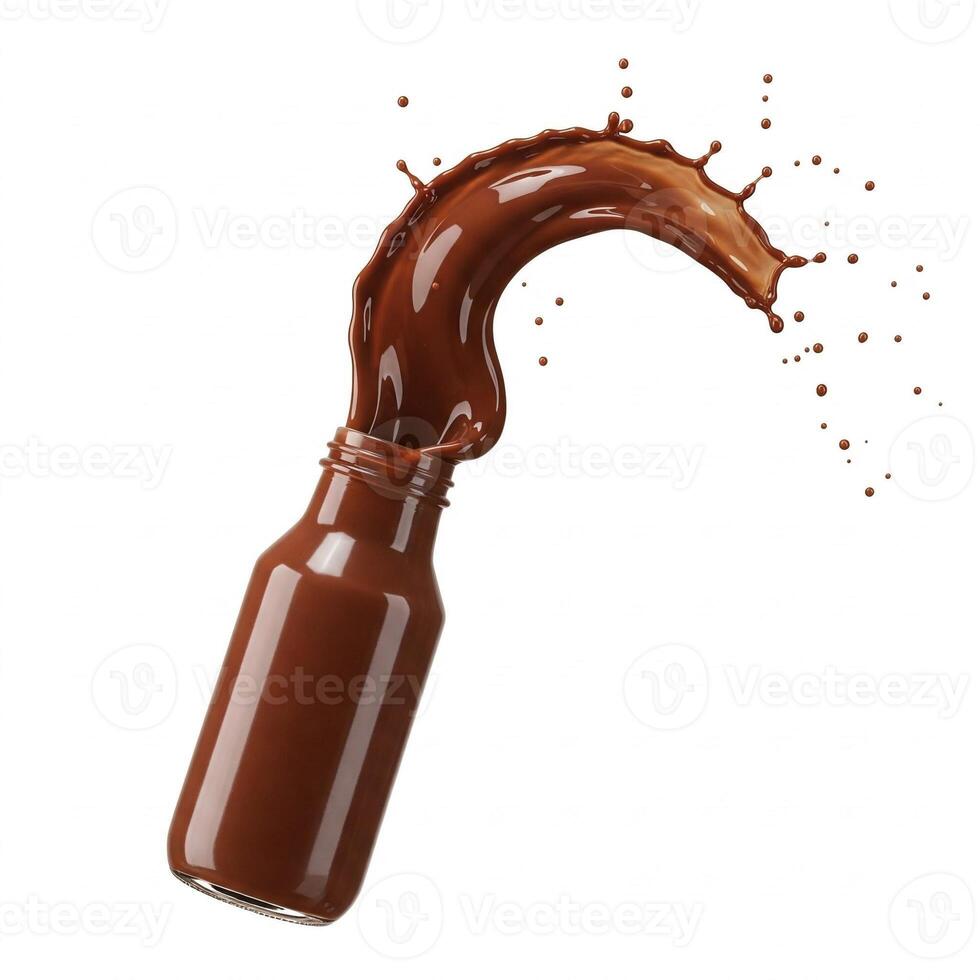 Chocolate milk spilling out of a glass bottle isolated on white photo
