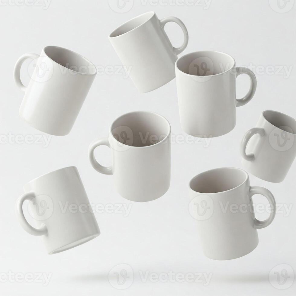 Floating plain white mugs isolated on white photo