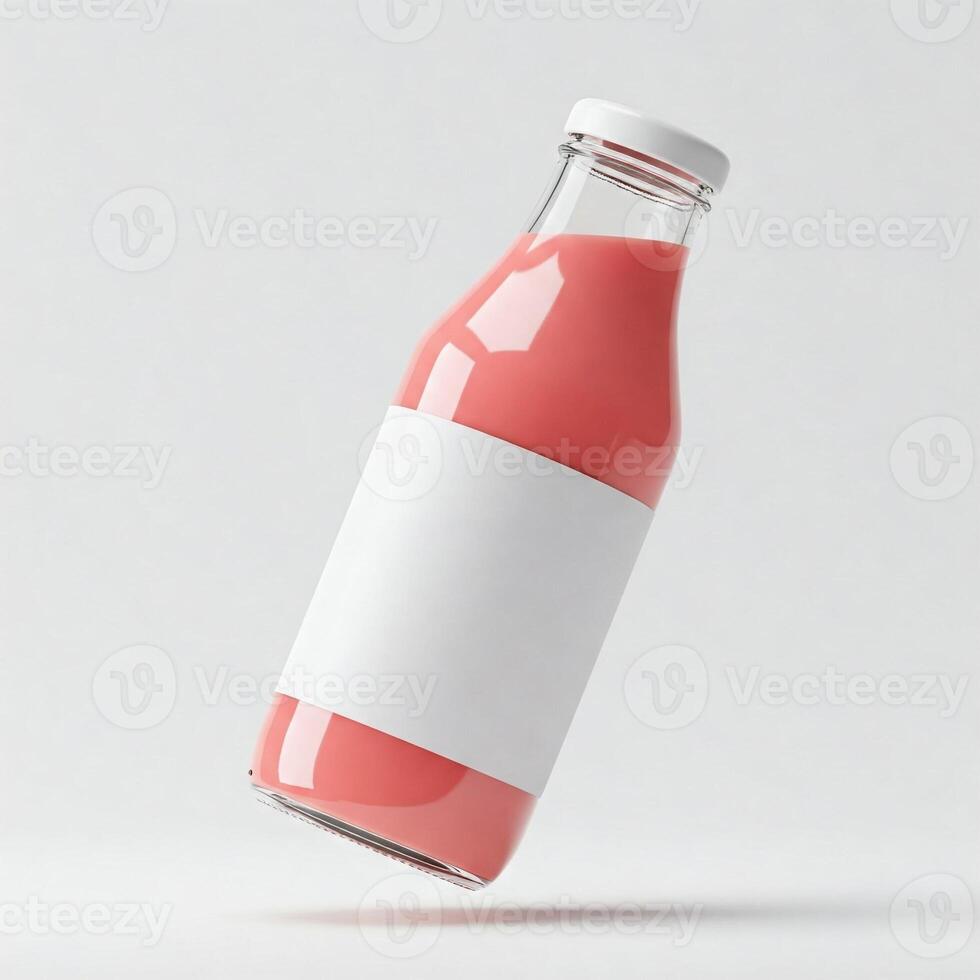 A glass bottle of pink juice with a mock white label isolated on white photo