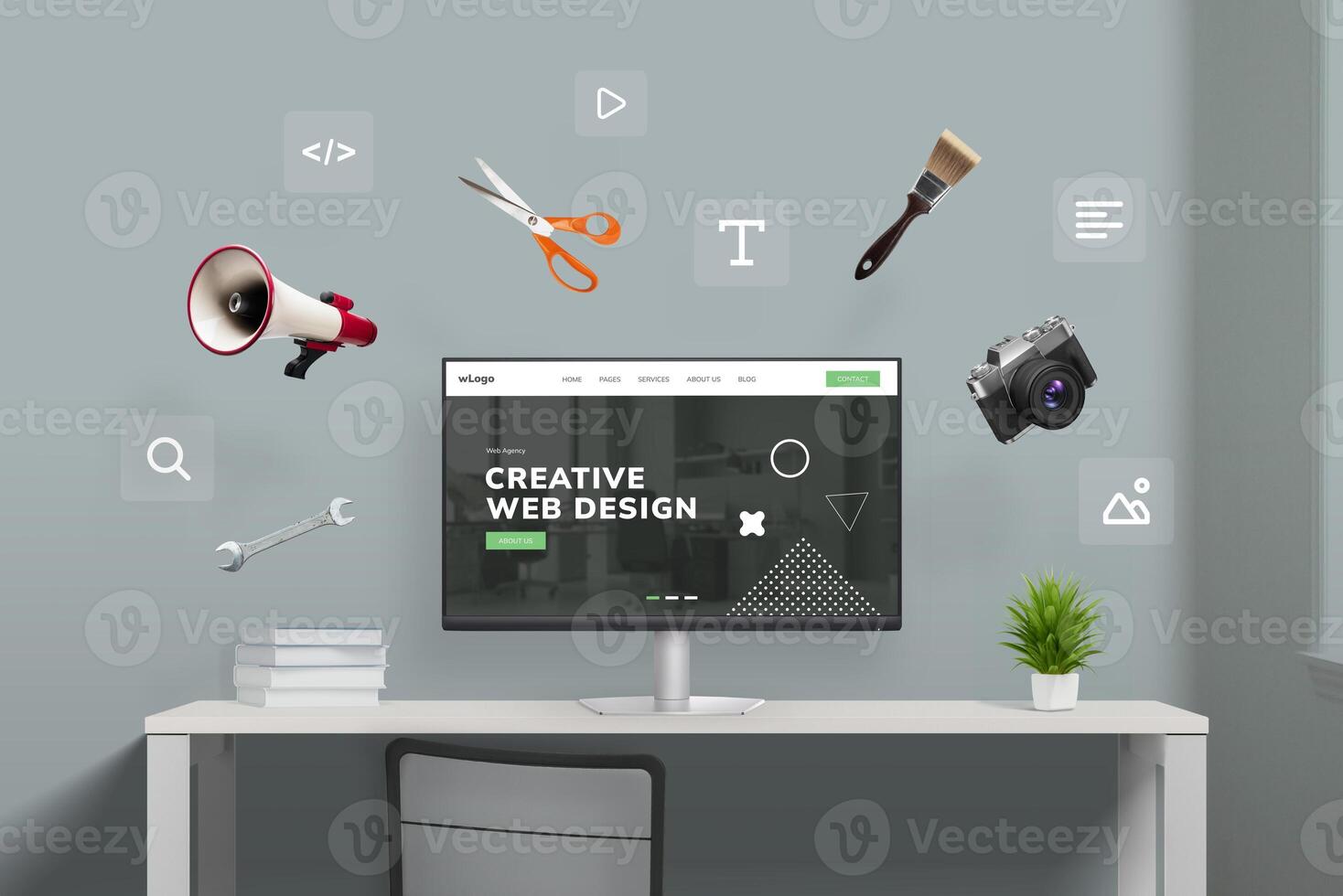 Web design studio with flying tools and web page icons around computer display featuring concept agency page. Creative illustration of digital workspace photo