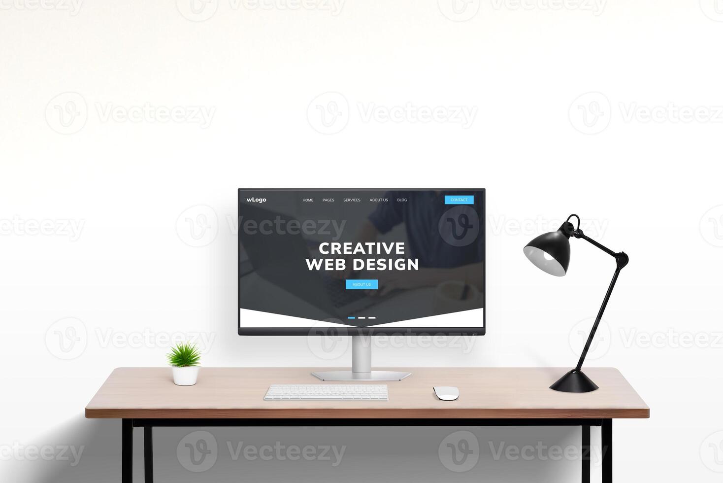 Web design studio portfolio page concept displayed on modern computer in office work desk setting. Showcase of creative digital projects and professional design work photo