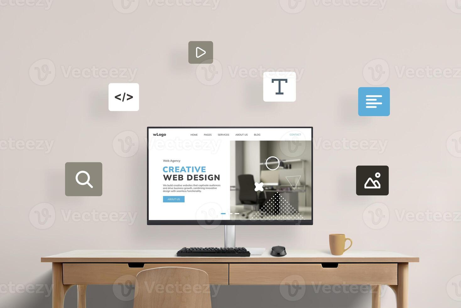 Work desk with computer display featuring web design studio presentation page, surrounded by flying web design icons. Visual representation of a creative digital workspace concept photo