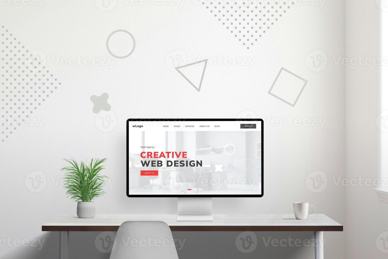 Web design studio presentation on modern computer display on work desk, accompanied by coffee mug and plant for a cozy workspace ambiance photo