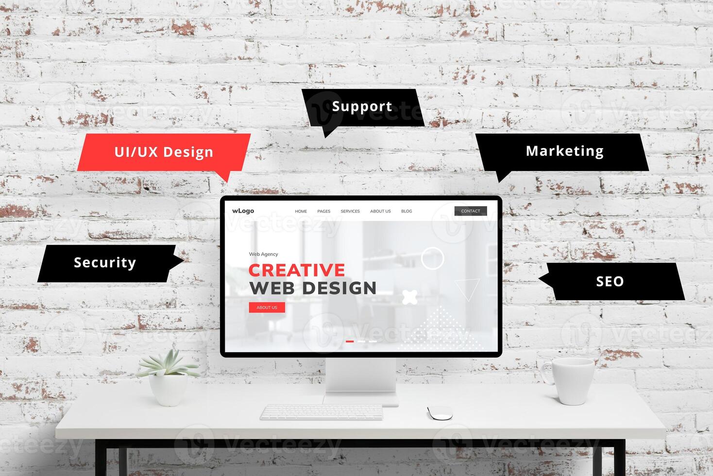 Creative web design agency page with UI, UX design, support, marketing, SEO, security elements flying around. Agency concept presentation visualized in modern style photo