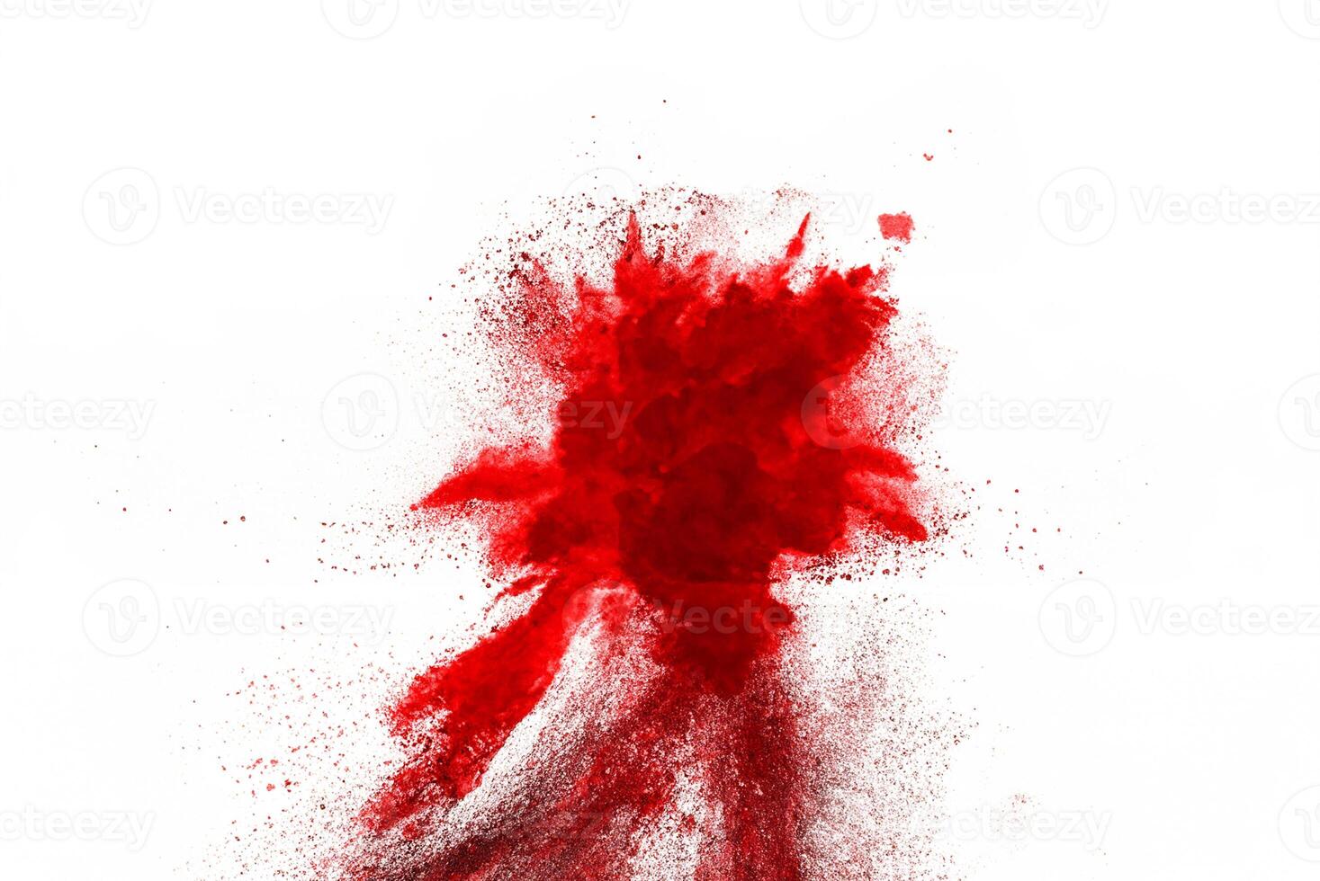Capture of Red Powder Explosion on White Background, Abstract Design of Dust Cloud Particles photo