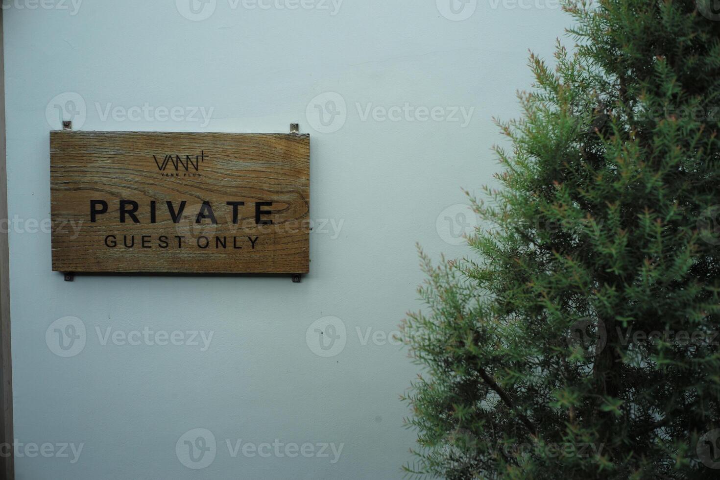 The empty wooden plate for putting some word hanging on the white wall with the tree aside photo