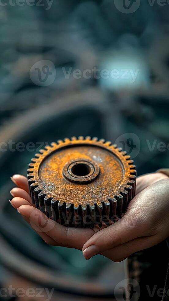 Hand Holding Mechanical Gear. Engineering Concept, Industrial Design, Mechanism Insight. photo