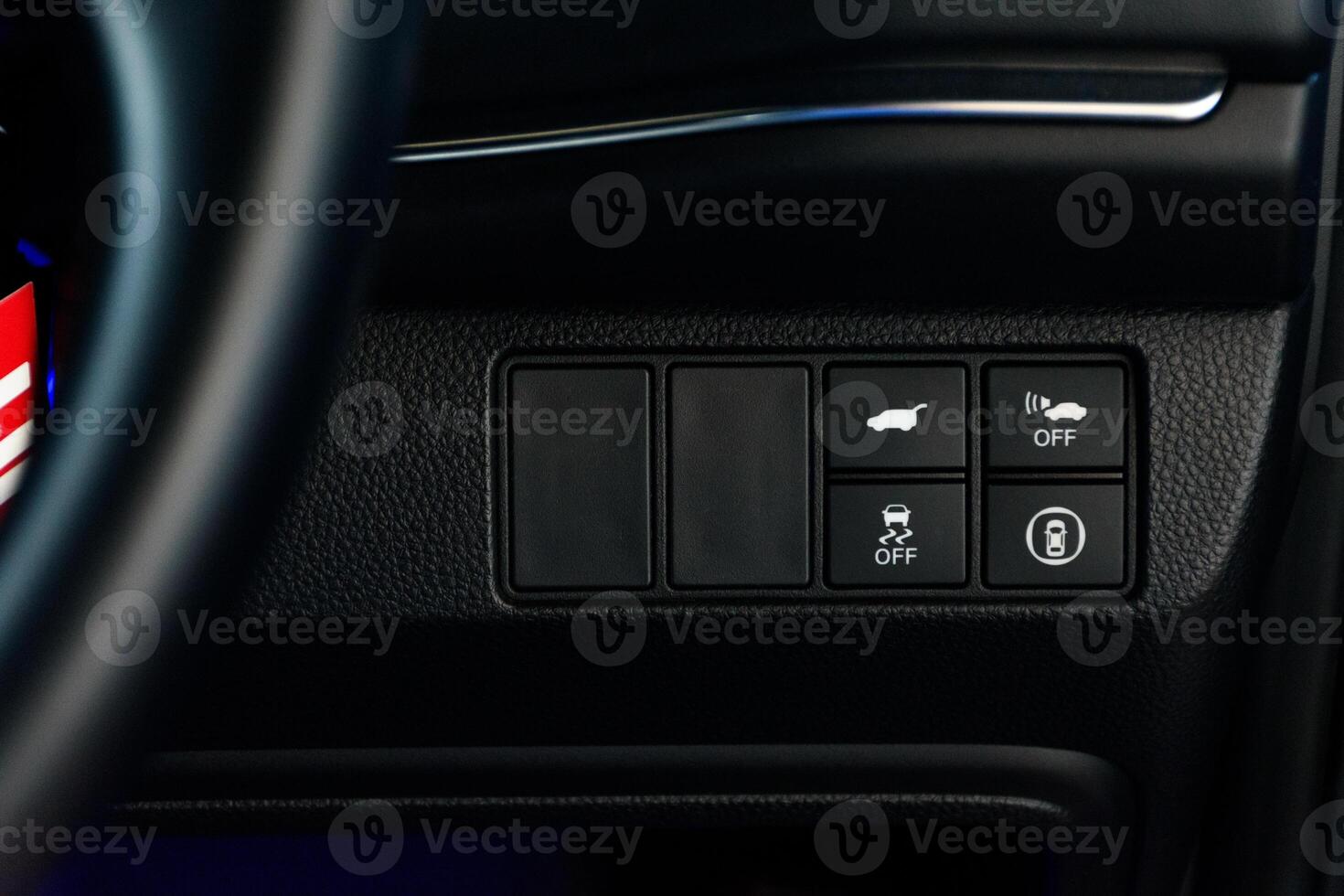 Close up of the car interior control panel buttons. Function control buttons in modern car, Safety system control panel buttons inside the car luxurious for modern cars in 2024. photo