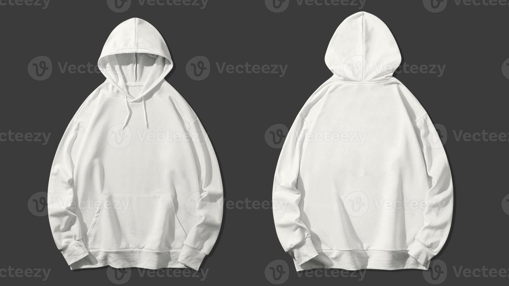 White hoodie front and back view, plain design, no graphics. Suitable for showcasing apparel mockups or demonstrating product features. photo