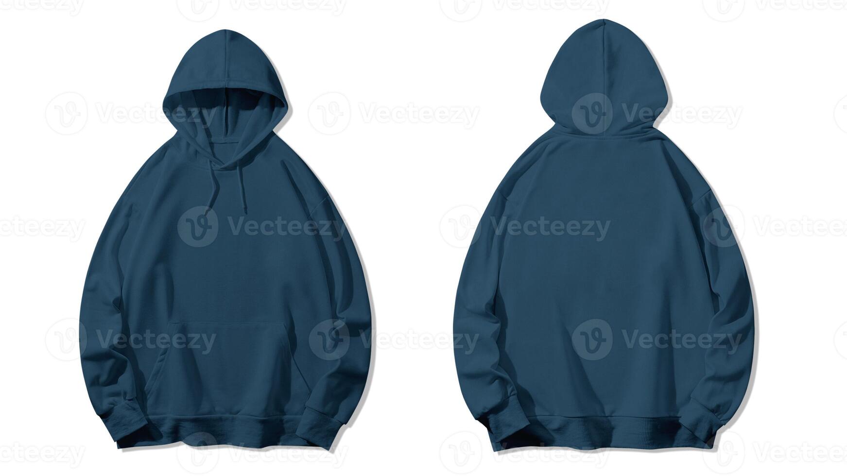 Two dark blue hooded sweat shirts, front and back views. photo