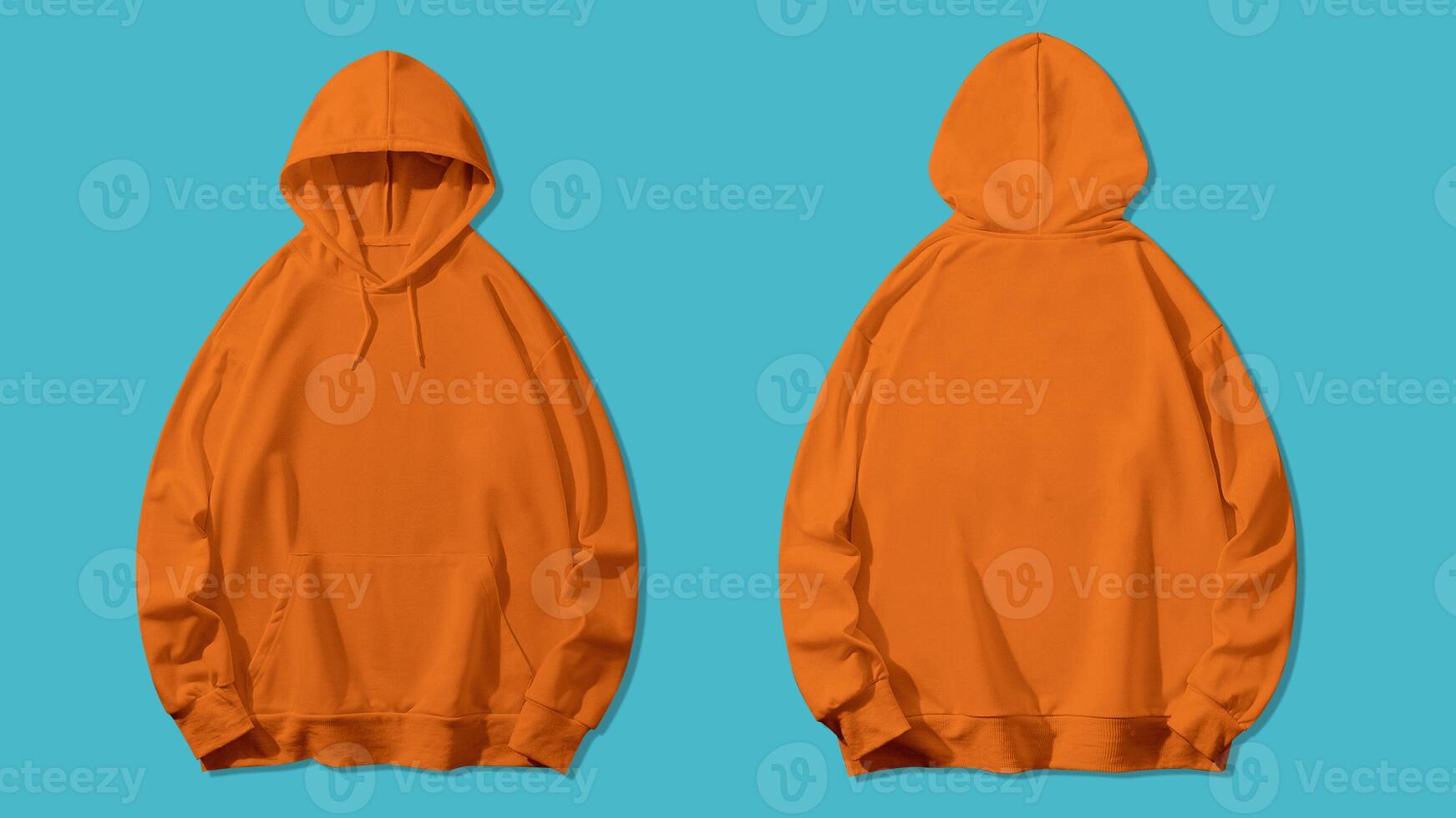 Title Two orange hooded sweatshirts with long sleeves. Suitable for autumn fashion themed designs or clothing advertisements for casual wear. photo