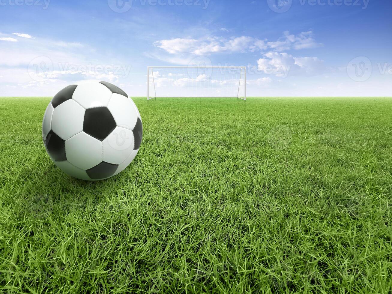 Soccer ball on grass field youth academy practice, football sport and exercise concept photo