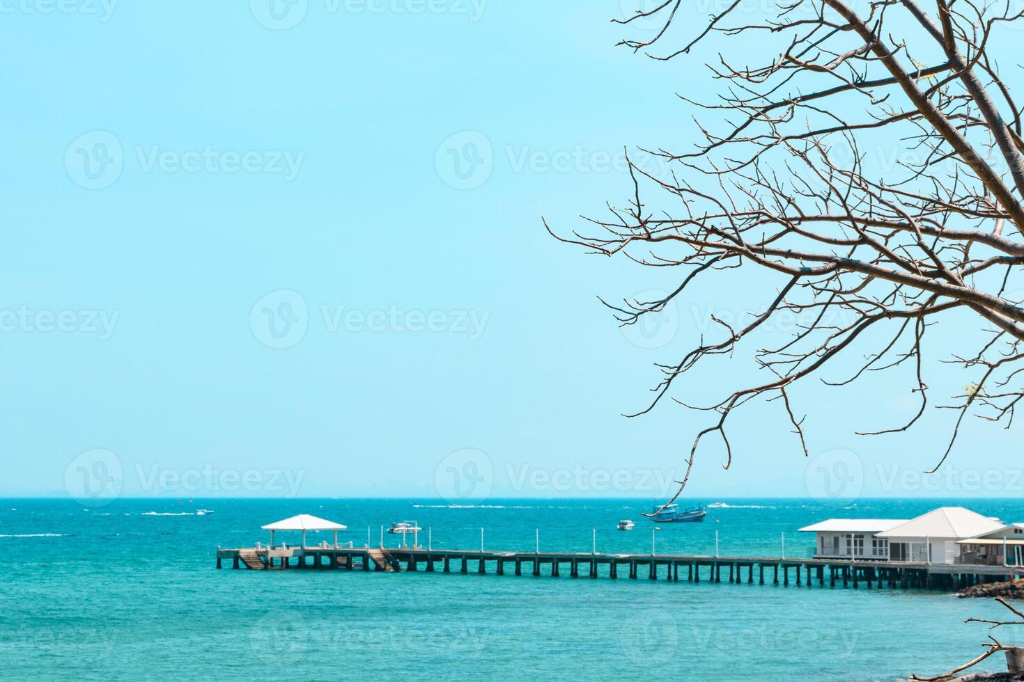 Resort accommodation and wooden bridge at pier in tropical beach sea ocean with blue sky for travel vacation at Koh Larn island. Landscape panorama summer beach blue clean sky background morning day. photo
