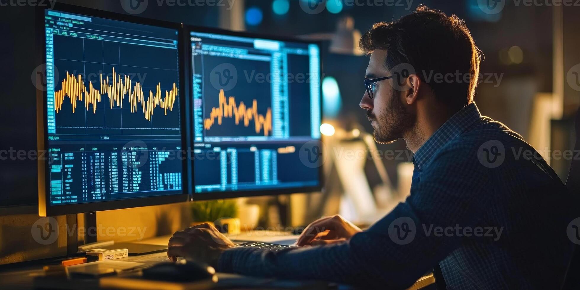 A financial expert uses a computer to review investment strategies and market projections photo