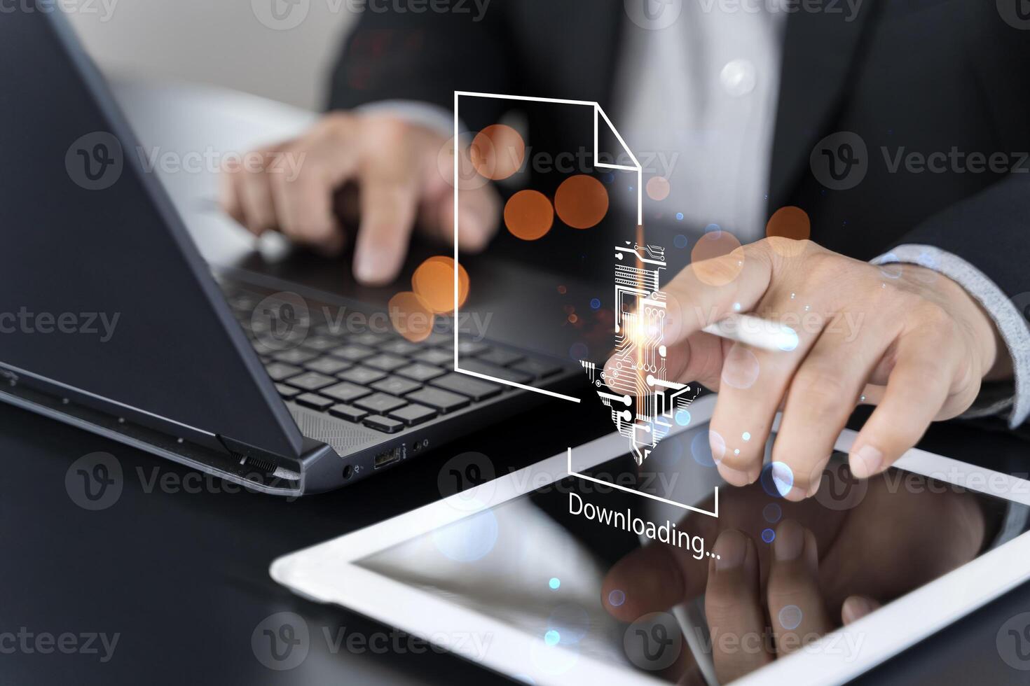 Business man downloading computer files or installing software on laptop computer, cloud storage technology photo