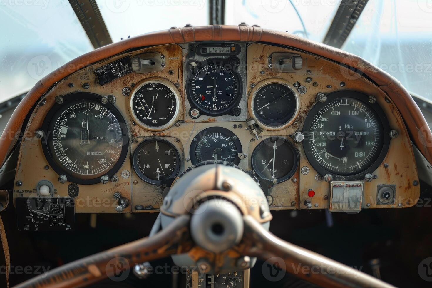 Old airplane cockpit control panel showing flight instruments photo
