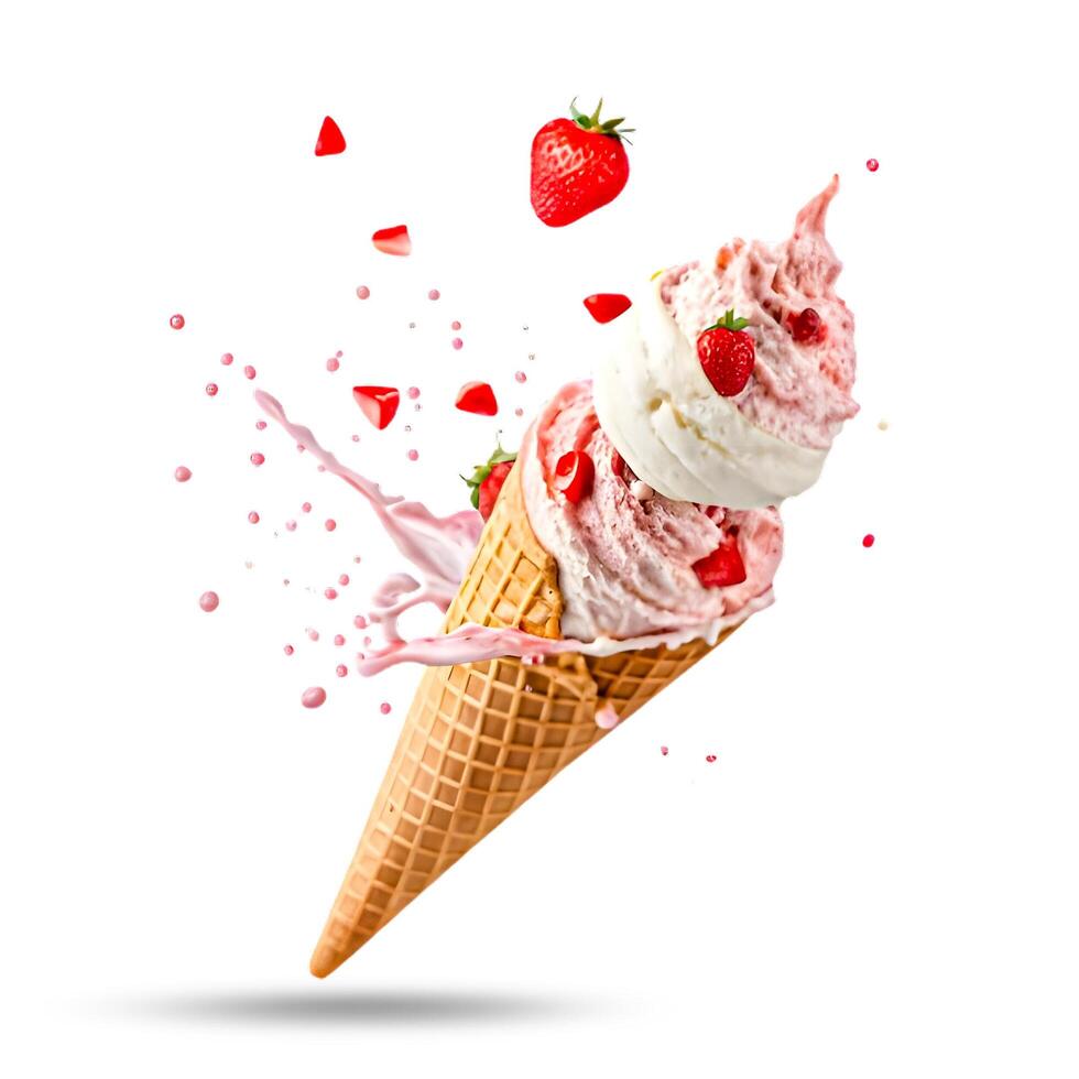 3d cone ice cream splashing 2 isolated white background photo