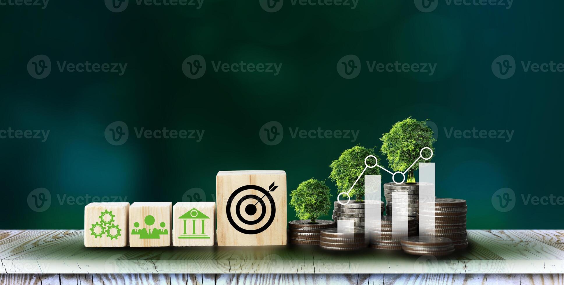ESG icon concept in cube blocks and coin, graph, tree, for environmental, social, and governance in sustainable and ethical business on the Network connection on a green background. photo