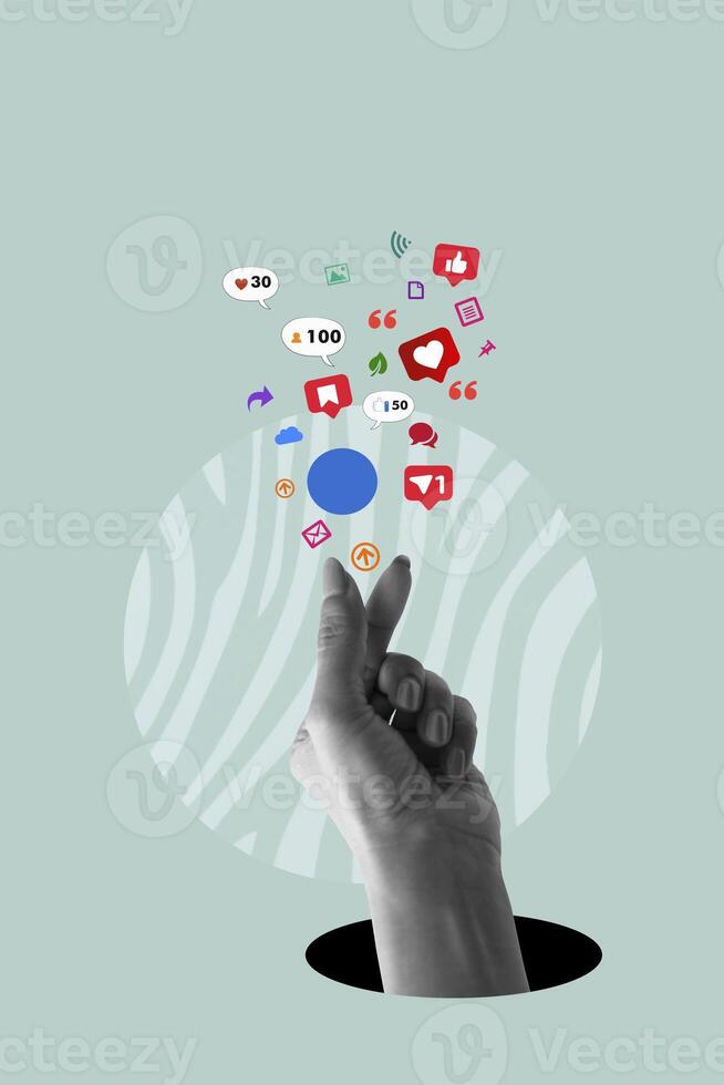 Social media creative concept. Hand hold, poster with like symbols from social networks. Art collage digital photo