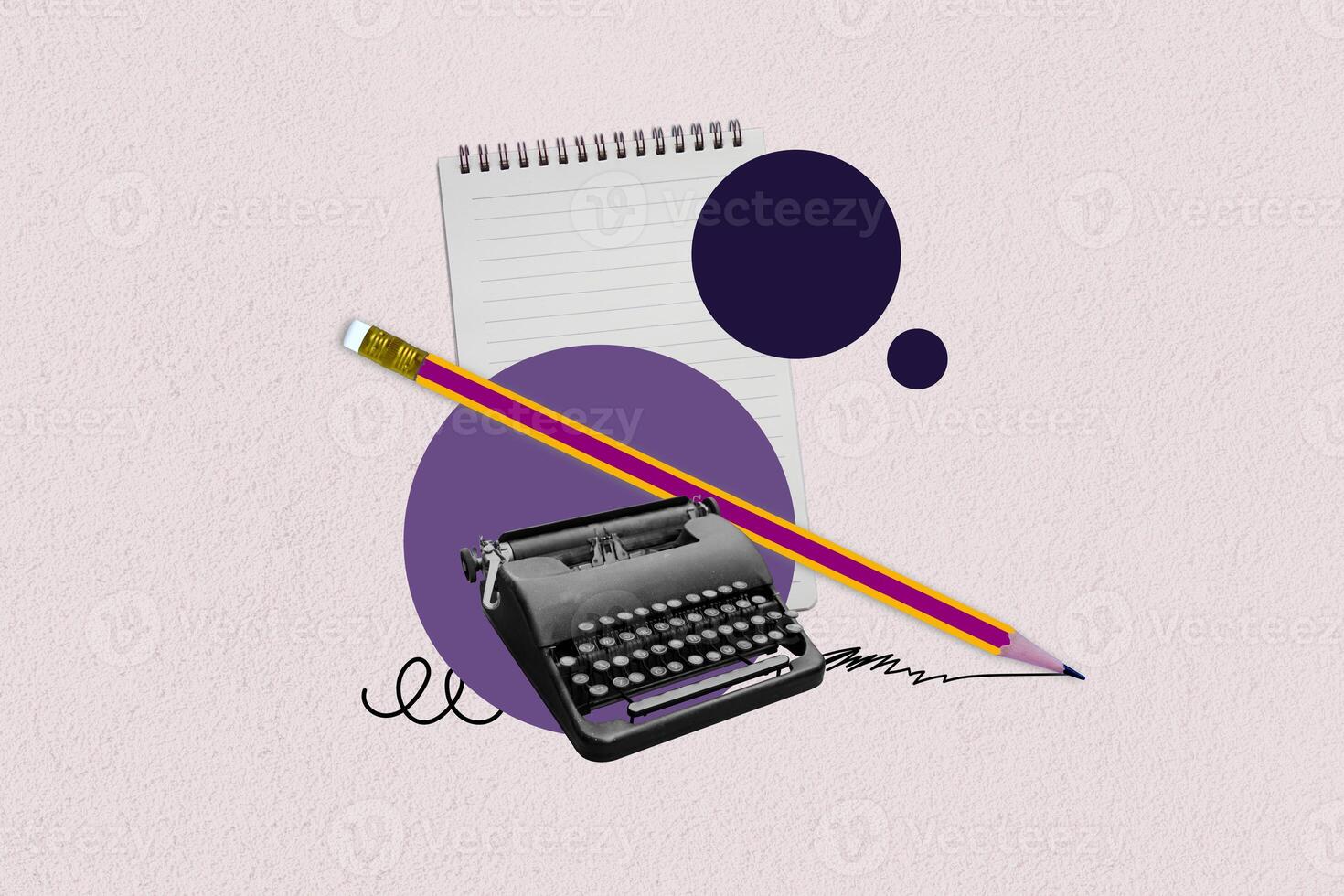 Retro typewriter. Old typewriter with pencil and note paper on purple circle background. Storytelling, creativity and blogging concept. Art collage digital pop modern art photo