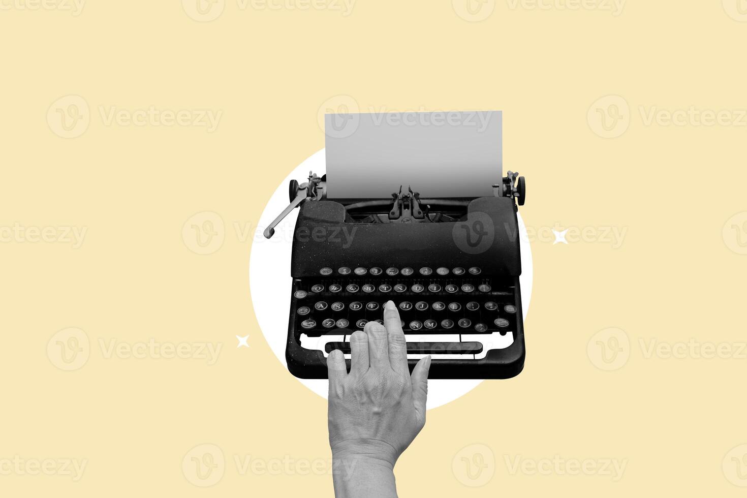 Vintage typewriter with blank paper sheet on yellow background. Art collage digital pop modern art photo