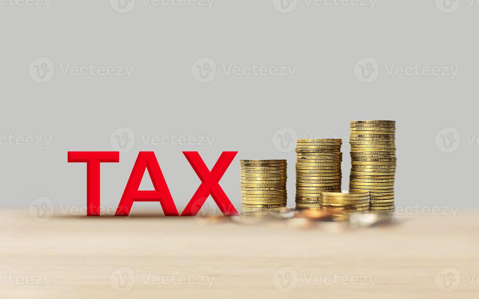 Income tax from 3D volumetric letters with stacked coins. Visualization of tax charging and payment in business photo