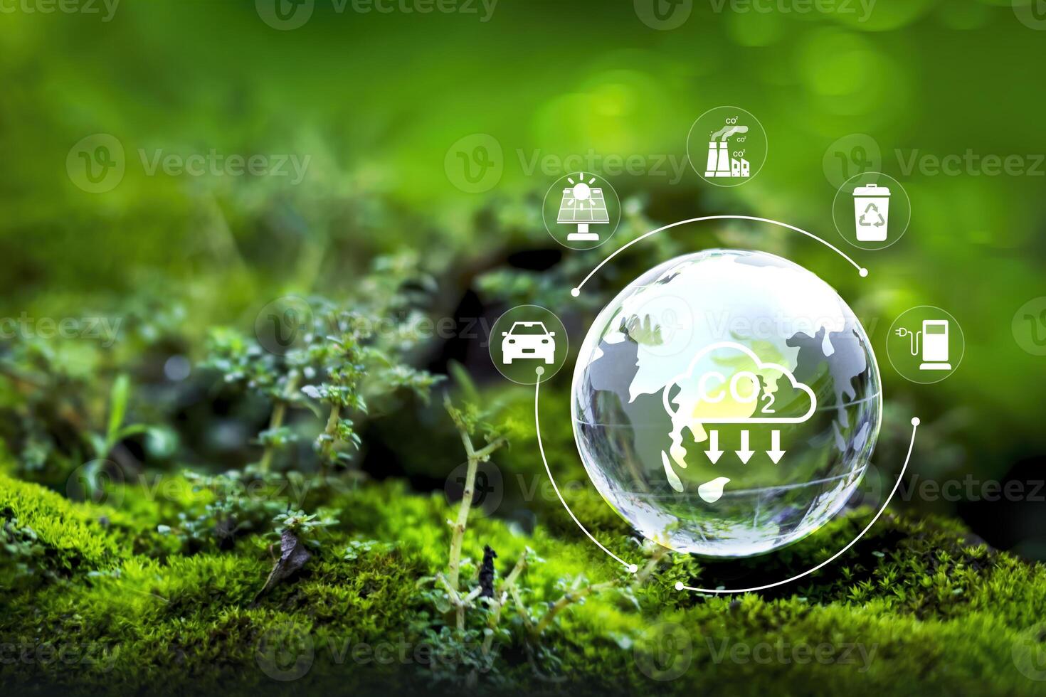 Earth with carbon reduction icon and footprint to limit global warming from climate change, Bio Circular Green Economy concept. photo