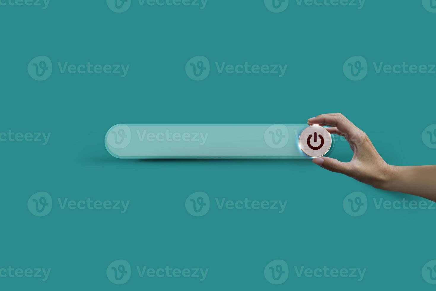 Search bar and hand hold wooden button to turn off, closed, and shut down on green pastel soft background with copy space. Care of the Environment. Earth Day Concept photo