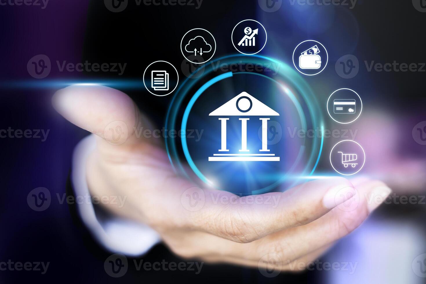 businessman holding virtual bank icon on virtual background photo
