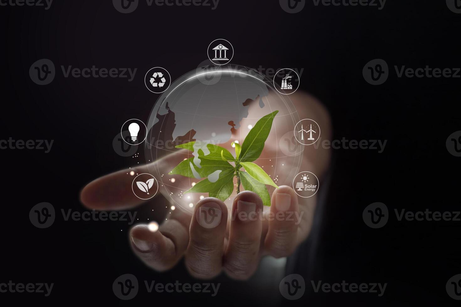 Earth crystal glass globe ball and growing tree in human hand photo