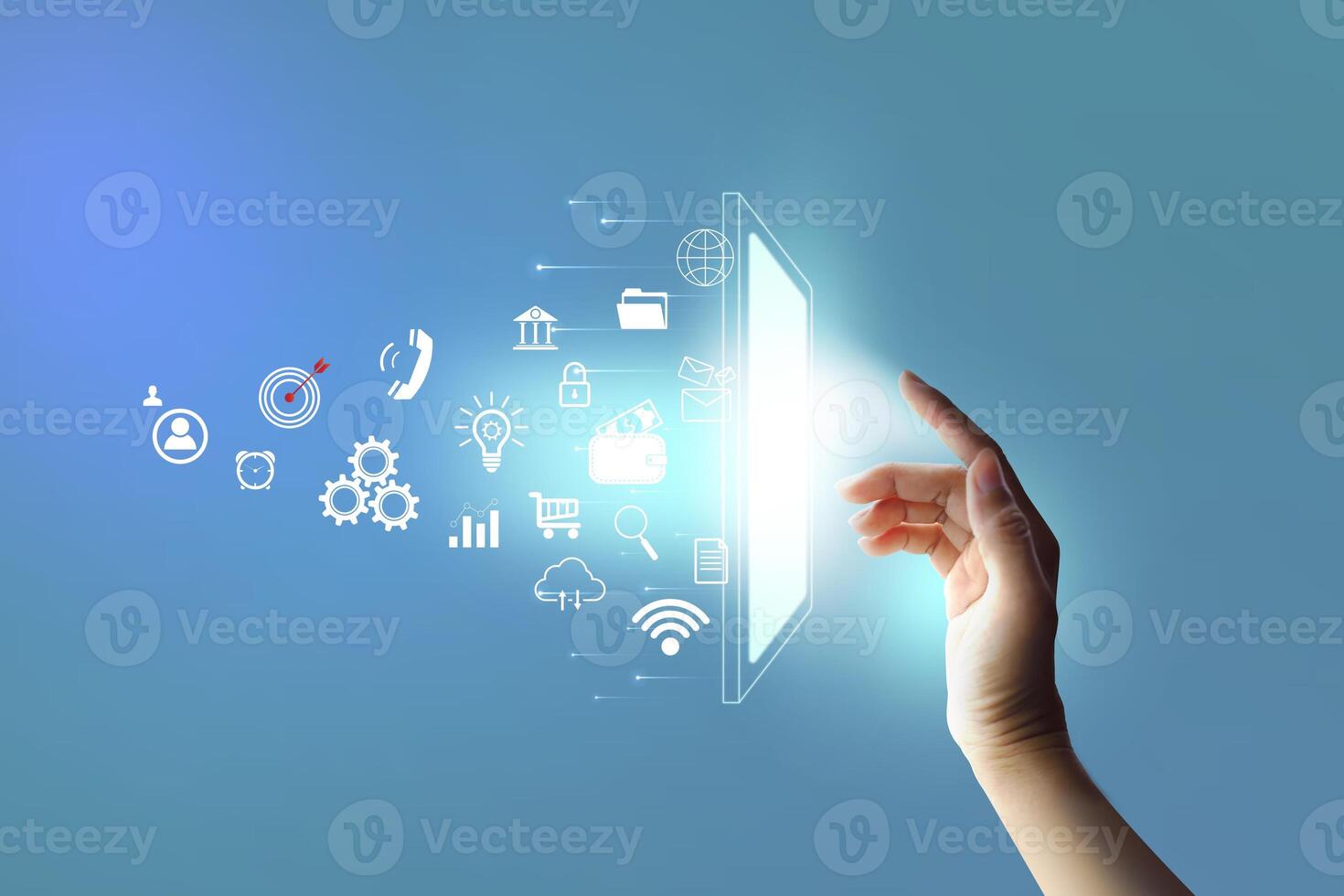 Businessman touching visual screen mobile phone interface icons on strategy, solution analysis and development contents. photo