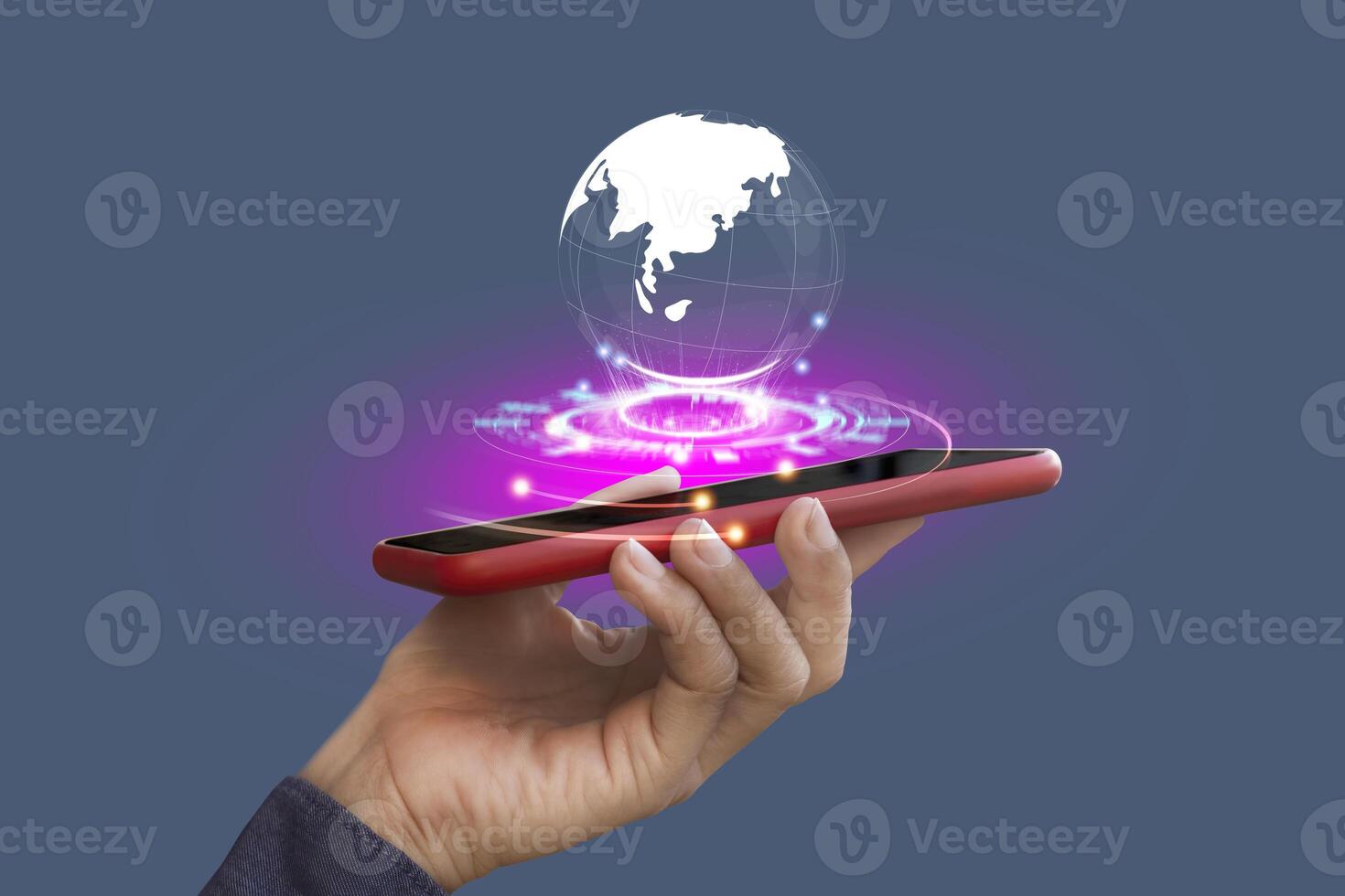 Holding smartphone with virtual Global Internet connection. Global internet connection application technology and digital marketing, Financial and banking, Digital link tech, big data. photo