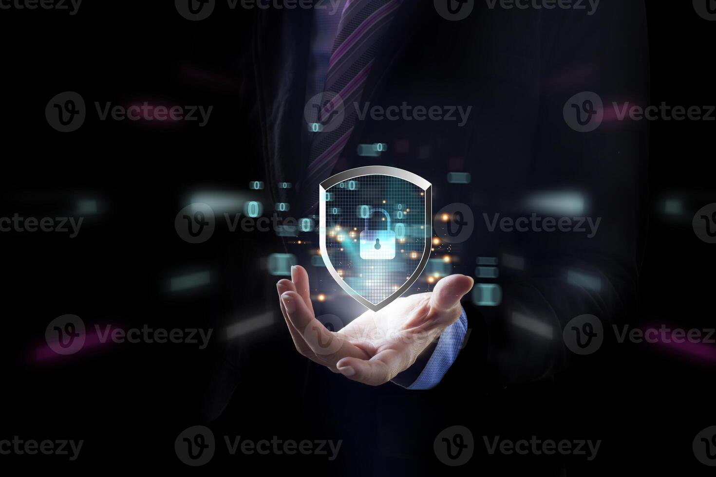 Businessman showing locking down personal data on hand, cybersecurity concept. photo