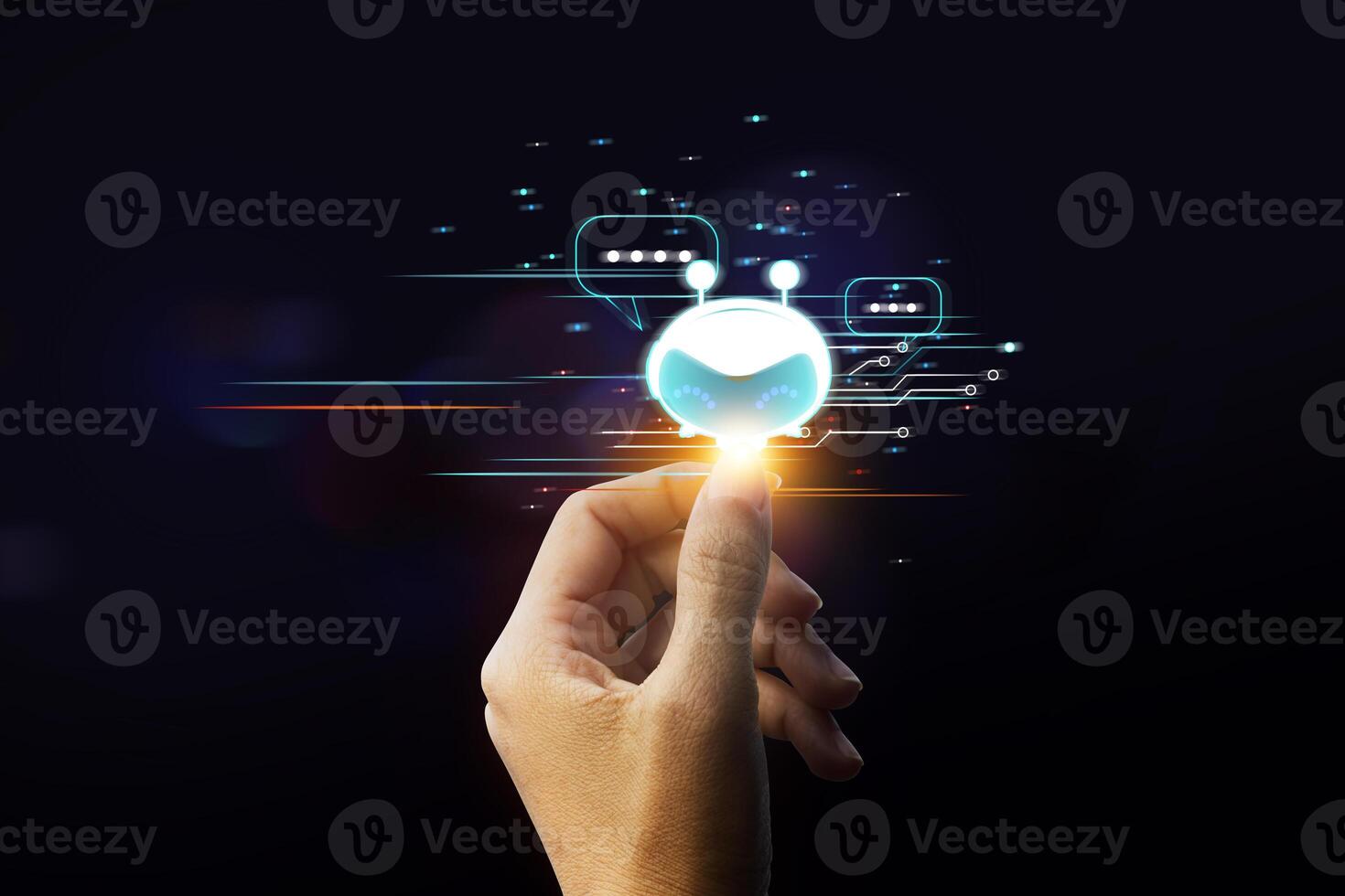 Hand touching digital chatbot for provide access to information and data in online network photo