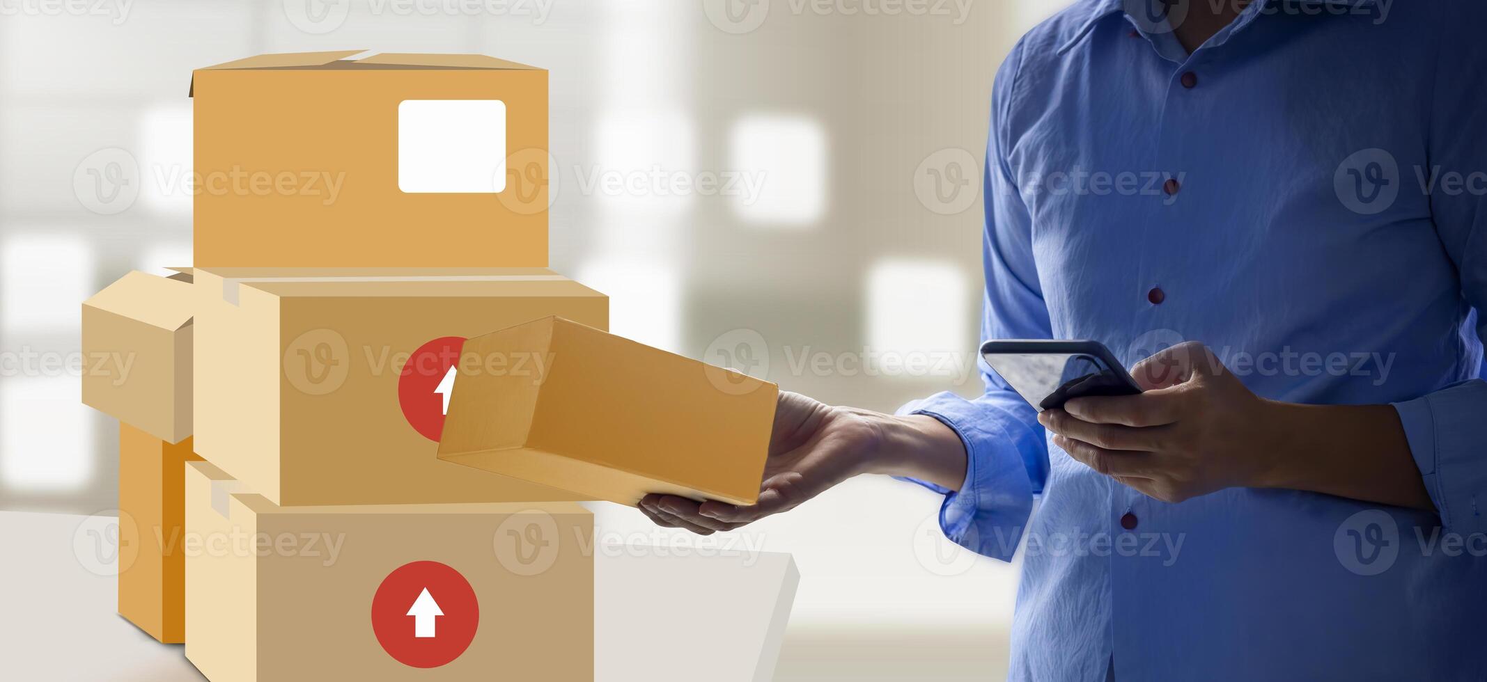 Delivery woman holding parcel box. Fast and free Delivery transport. online shopping and express delivery. Quarantine photo