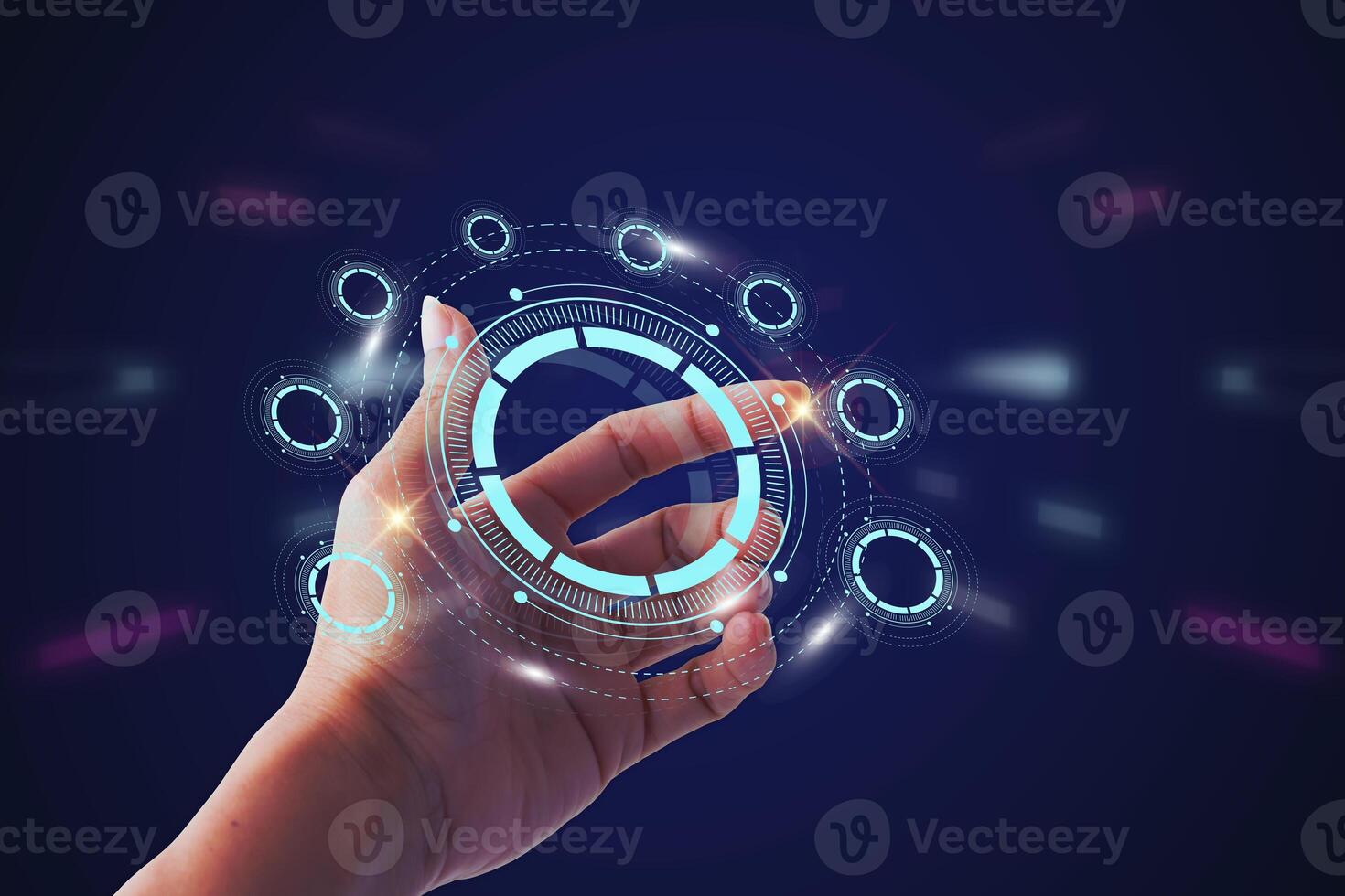 network technology, hologram with light and hand of human with blue and red color glow in sci-fi futuristic concept, particle with digital data, cyber information, science and life, analysis photo