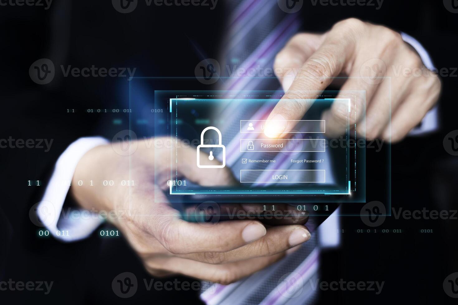 Man in a suit is holding a smartphone with a padlock on it photo